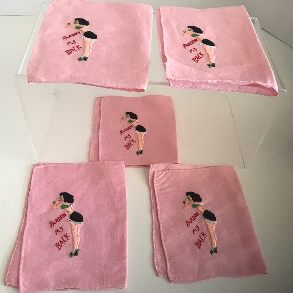 Set of 5 Handmade Embroidered Lady Risque Pink Handkerchiefs/Napkins - Vintage
